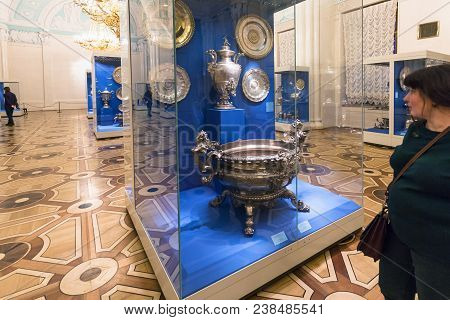 Saint Petersburg, Russia - March 16, 2018: Tourists In Room Of Decorative Art In Hermitage Museum. T