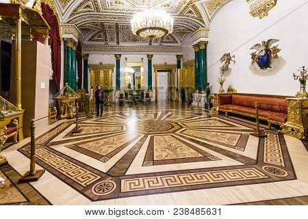 Saint Petersburg, Russia - March 16, 2018: Tourists In Malachite Hall Of Hermitage Museum. The State