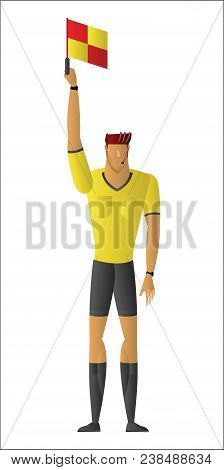 Assistant Referee Points His Flag Straight Up Above His Head To Signal Offside Violation To The Refe