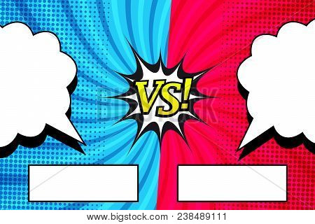 Comic Duel Horizontal Background With White Speech Bubbles Two Opposite Red And Blue Sides, Rectangu
