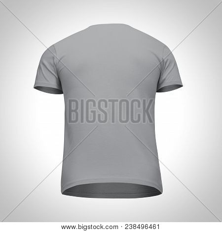 Blank Template Men Grey T-shirt Short Sleeve, Back View Bottom-up, Isolated On Gray Background With 