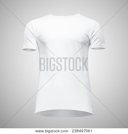 Blank Template Men White T Shirt Short Sleeve, Front View Bottom-up, Isolated On Gray Background Wit