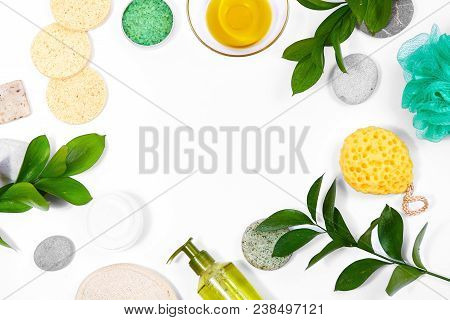 Spa Background With Bath Accessories, Face And Body Care. Set For Personal Care. Clean Skin With Bru