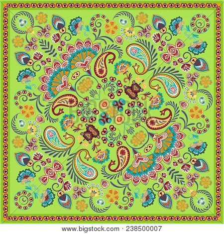 Paisley Bandana Print. Vector Square Pattern. Green.