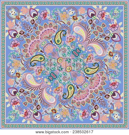 Paisley Bandana Print. Vector Square Pattern. Blue