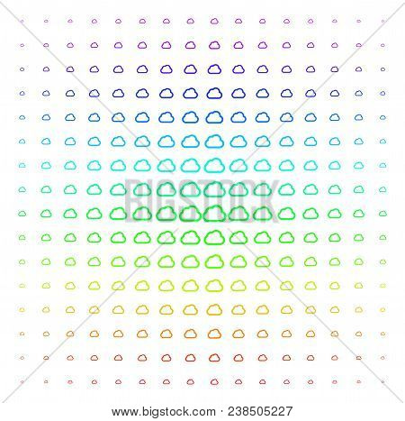 Cloud Icon Rainbow Colored Halftone Pattern. Vector Cloud Shapes Organized Into Halftone Grid With V