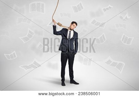 Young burnout businessman with flying documents concept