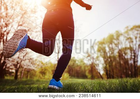 Young Woman Running In Spring Forest In The Morning. Close-up Of Sneakers. Helathy Lifestyle. Mornin