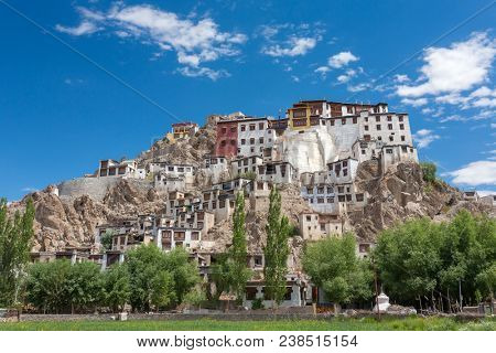 Spituk Monastery with view of Himalayas mountains. Spituk Gompa is a famous Buddhist temple in Ladakh, Jammu and Kashmir, India.