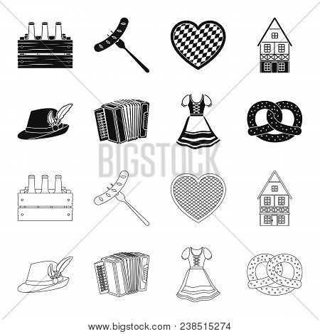Tyrolean Hat, Accordion, Dress, Pretzel. Oktoberfest Set Collection Icons In Black, Outline Style Ve
