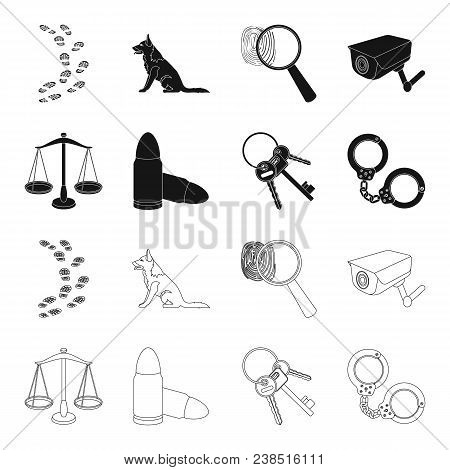 Scales Of Justice, Cartridges, A Bunch Of Keys, Handcuffs.prison Set Collection Icons In Black, Outl