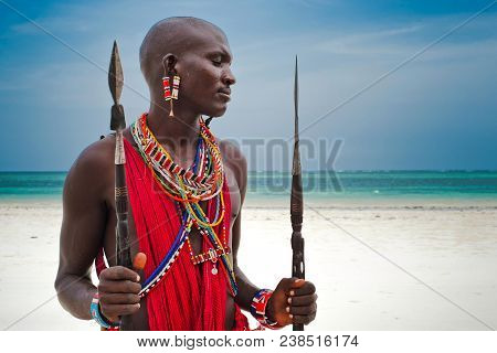 Portrait Of A Maasai Warrior In Africa. Tribe, Diani Beach, Culture