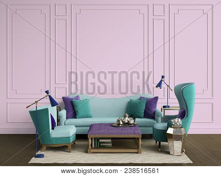 Classic Interior Room With Copy Space.sofa And Armchairs,sidetables With Lamps,table With Decor. Int