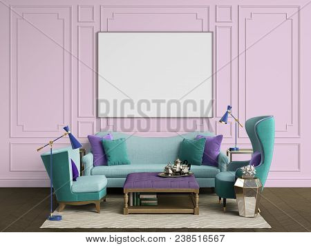 Classic Interior Room With Copy Space.sofa And Armchairs,sidetables With Lamps,table With Decor. Int
