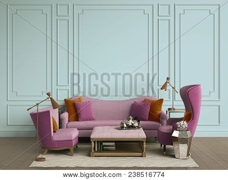 Classic Interior Room With Copy Space.sofa And Armchairs,sidetables With Lamps,table With Decor. Int
