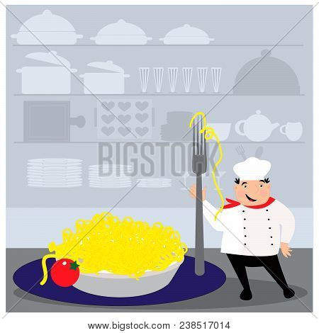 Happy Cook With Hat In Uniform. Chef With Pasta On Plate. Vector Illustration.