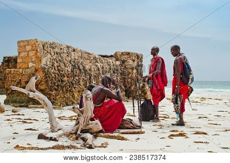 Maasai Warrior On The Beach. Diani Beach, Kenya Mombasa January 26 2012