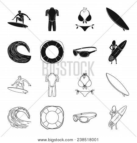 Oncoming Wave, Life Ring, Goggles, Girl Surfing. Surfing Set Collection Icons In Black, Outline Styl