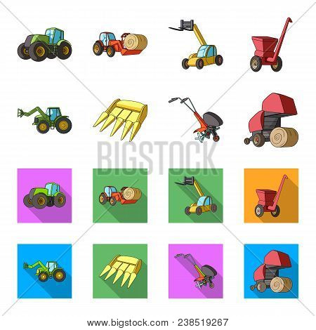 Motoblock And Other Agricultural Devices. Agricultural Machinery Set Collection Icons In Cartoon, Fl