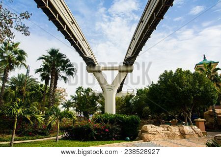 Dubai, United Arab Emirates - February 24, 2018: Atlantis Monorail Train Rail Track On On The Palm I
