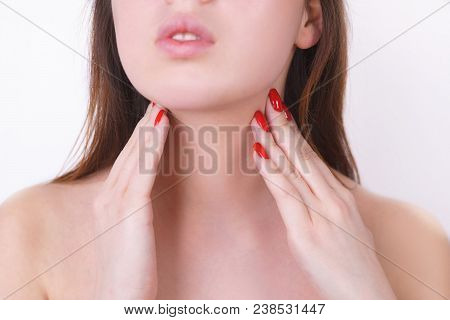Young Woman Touching Her Neck. Plastic Surgery, Face Lifting, Cosmetic, Thyroid Gland, Medical Conce