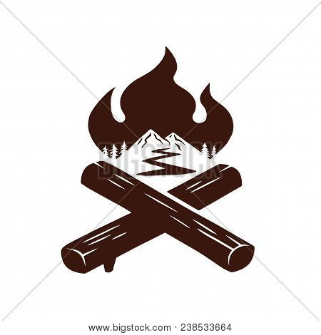 Campfire Logo For Sport Camping, Emblem, Hobby. Vector Illustration. Vintage Mountain Drawing