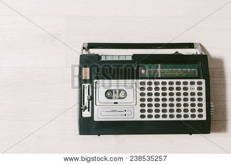 Old Cassette Tape Recorder. Top View. Layflat