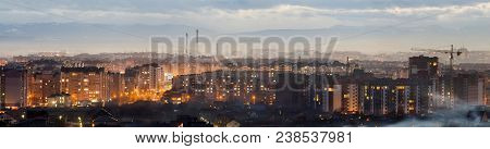 Panorama Of Night Aerial View Of Ivano-frankivsk City, Ukraine. Scene Of Modern Night City With Brig
