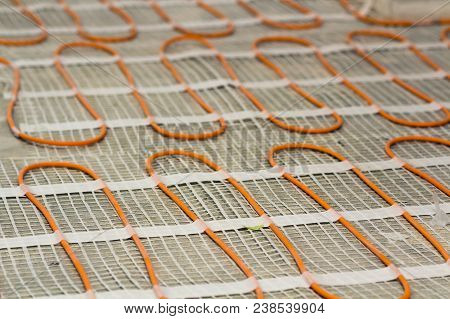 Heating Cable For Warm Floor Close-up Detail. Renovation Works.
