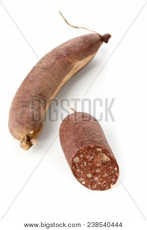 German Specialty Blood Sausage (blutwurst) Whole And Sliced Over White Background