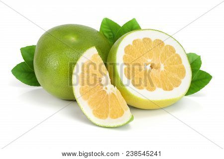 Citrus Sweetie Or Pomelit, Oroblanco With Slices And Leaf Isolated On White Background Close-up.