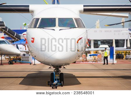 Singapore - February 4, 2018: The Canadian Bombardier Q400 On Display During Singapore Airshow At Ch