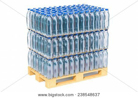 Wooden Pallet With Water Bottles Wrapped In The Shrink Film, 3d Rendering Isolated On White Backgrou