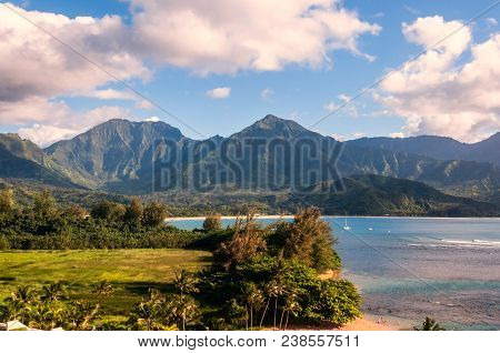 Hanalei Bay On A Sunny Day With Clouds Is On The Northern Shore Of The Island Of Kauai In Hawaii.