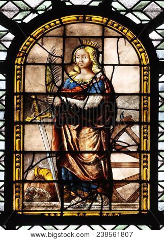 PARIS, FRANCE - JANUARY 04: Saint Catherine of Alexandria, stained glass window in the Saint Sulpice Church, Paris, France on January 04, 2018.