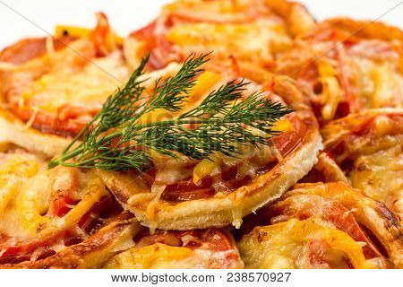 Mix Of Mini Pizzas On A Stone Try On White Background