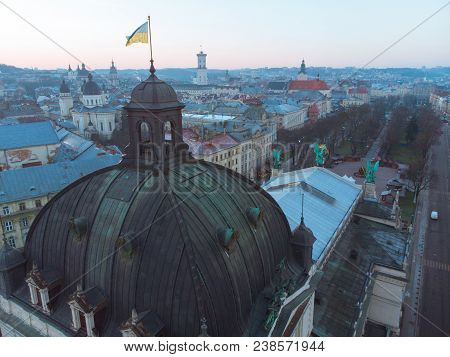 Old European Architecture. Opera Building In Center Of City. Aerial View