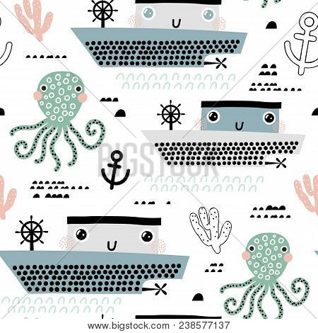 Childish Seamless Pattern With Ship, Octopus And Waves. Scandinavian Style. Summer Marina Background