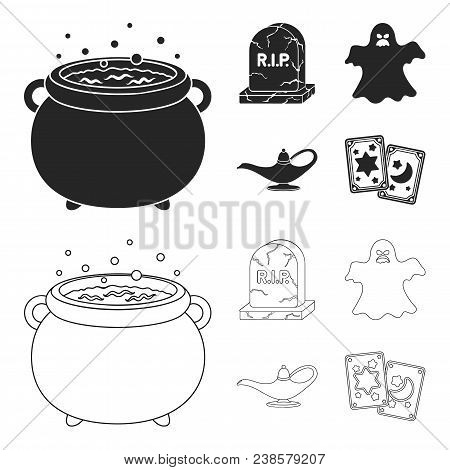 A Witch Cauldron, A Tombstone, A Ghost, A Gin Lamp.black And White Magic Set Collection Icons In Bla