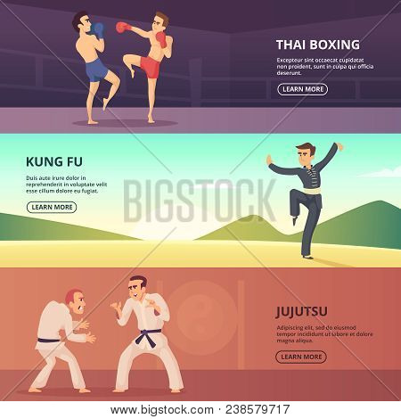 Horizontal Banners With Martial Characters. Fighter Thai Boxing And Kung Fu, Jujutsu Sport, Vector I