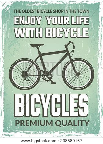 Vintage Poster With Monochrome Illustration Of Bicycle. Vector Bicycle Banner Shop, Sport Transport 