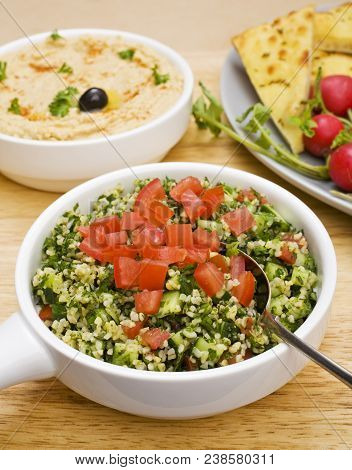 Favourite Middle Eastern Salad Tabbouleh, Made From Bulgar Wheat, Tomatoes, Prasley, Mint, Olive Oil