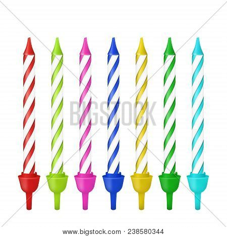 Vector 3d Realistic Different Birthday Party Colofful Wax Paraffin Cake Candle Icon Set Closeup Isol
