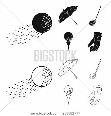 A Flying Ball, A Yellow Umbrella, A Golf Club, A Ball On A Stand. Golf Club Set Collection Icons In 