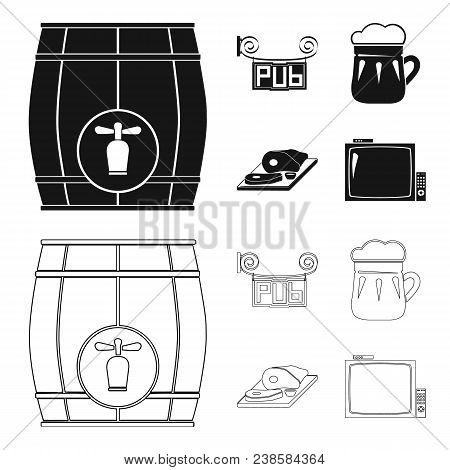 A Wooden Barrel With A Faucet, A Pub Sign, A Mug Of Beer, Pieces Of Meat On A Board.pub Set Collecti