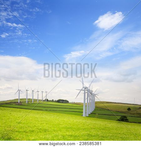 Double Row Of Wind Turbines At Royd Moor Wind Farm, Penistone, Yorkshire.