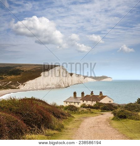 England Sussex South Downs Seven Sisters And Life Guard Cottages From Seaford Head Showing Cuckmere 