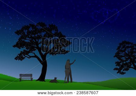 Concept Of Love At Night,valentine's Day With Couple Standing On Grass And Looking To Stars On The S