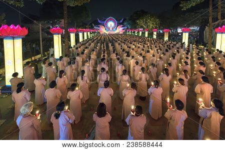Ho Chi Minh City, Vietnam - January 3, 2018: Buddhists Pray Buddha Amitabha Chickened Oriented Festi
