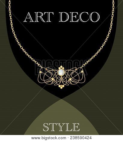 Art Deco Jewel. Vintage Gold Necklace In Victorian Style. Retro Filigree Antiquarian Jewelry. Ancien